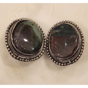 Vintage Clip On Earrings Green Brown Stone Silver Tone Boho Earthy Nature
